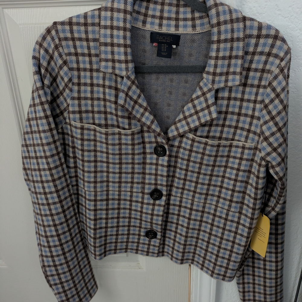 Rachel by Rachel Roy Plaid Button-Front Jacket in Light Blue and Brown Medium